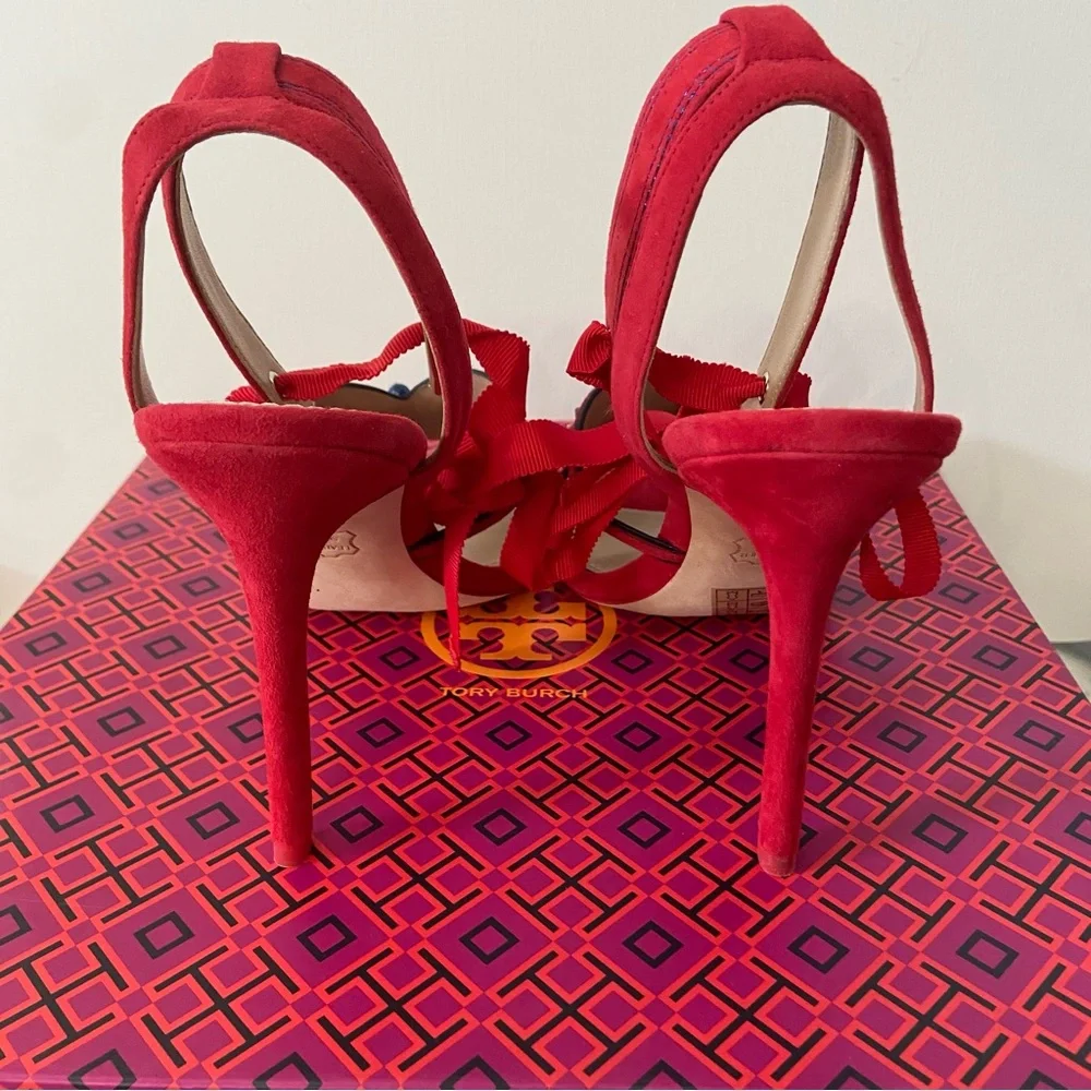 TORY BURCH NIB Seaside Red Suede Beaded Ribbon Ankle Strap Heels 7